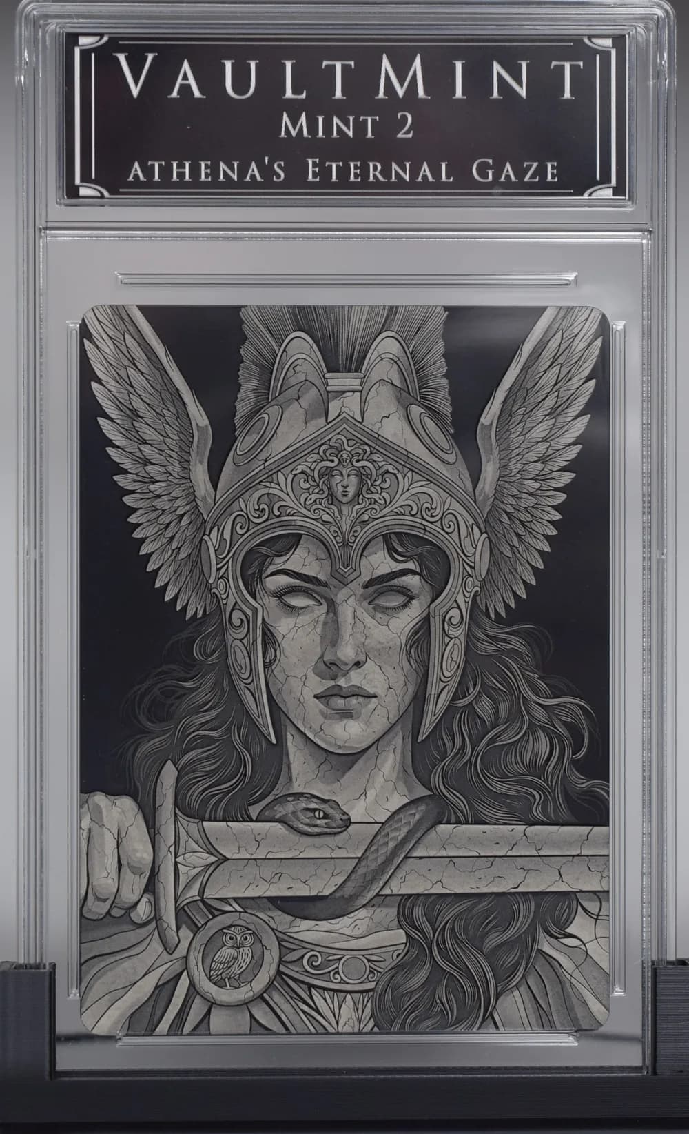 Athena's Eternal Gaze, Short Forge variation: blank-eyed Athena with a serpent coiled around the blade and cracked stone texture